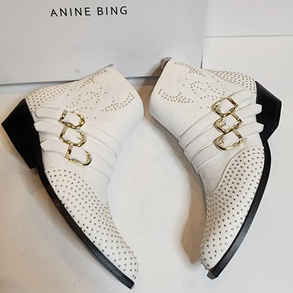 Anine Bing Penny Bootie White Leather Gold Studs. New with box. EU Size 41.